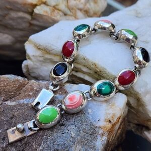 Vintage Taxco Mexico Sterling Silver 925 Gemstone Cabochons Heavy link Bracelet